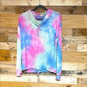 Hem & Thread size Large Lightweight Colorful Tie-Dye Cowl-neck Long Sleeve Top